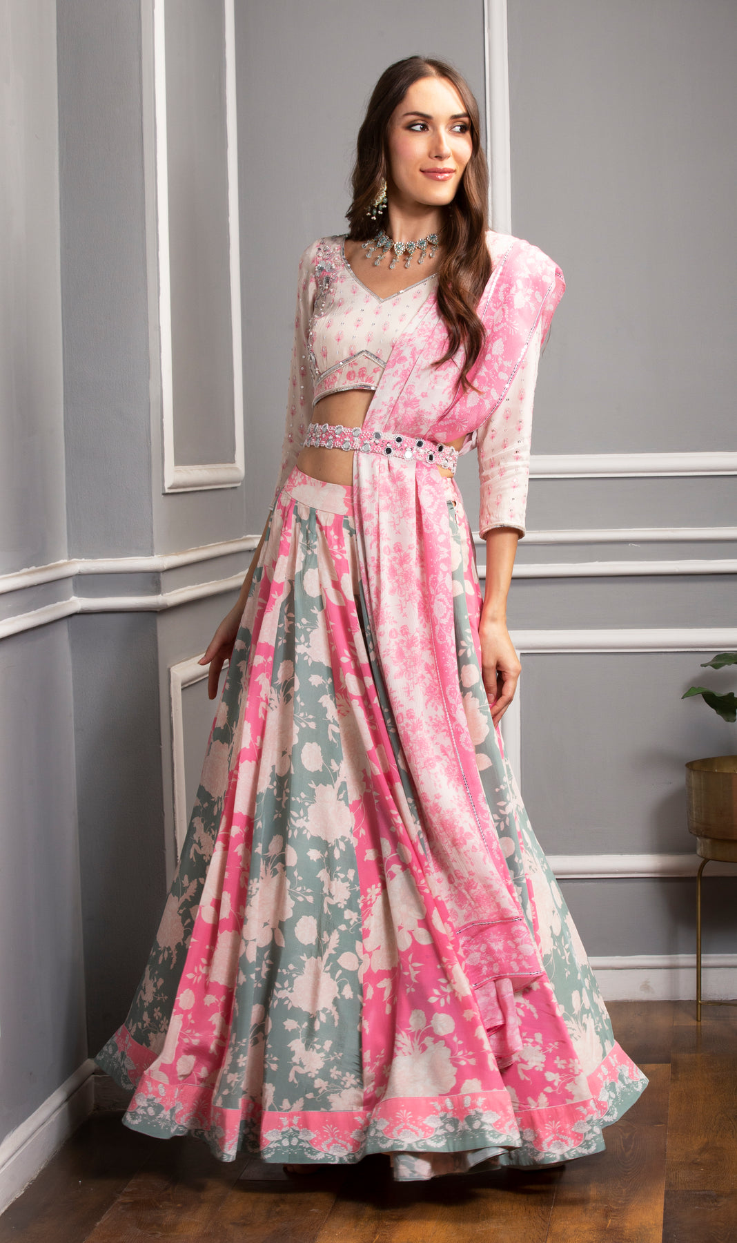 Buy Myra Pink and Light Green Embroidered Net Lehenga Online at Best Price  | Distacart